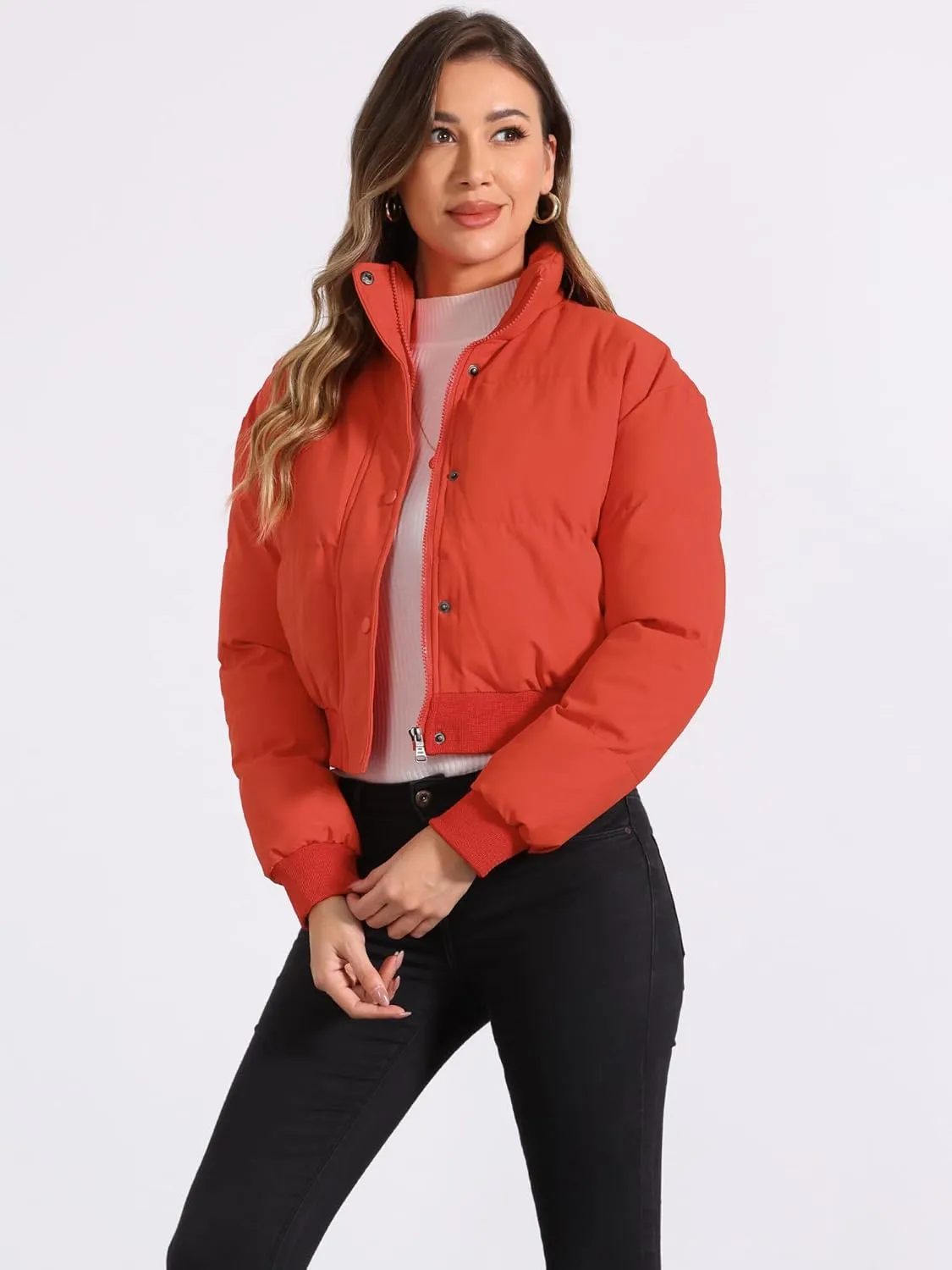 Allegra K Women's Winter Bomber Jacket Outwear Baggy Padded Cropped Lightweight Coats