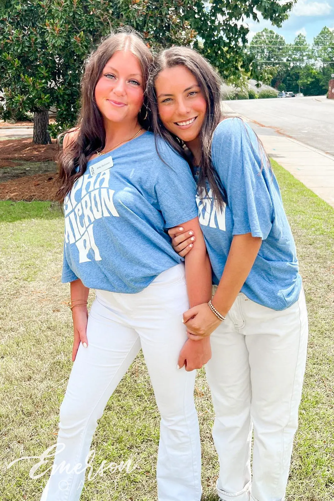 Alpha Omicron Pi Blue Slouchy Off Shoulder Tee