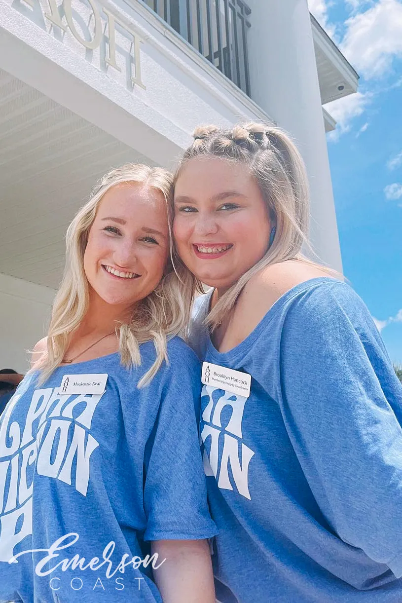 Alpha Omicron Pi Blue Slouchy Off Shoulder Tee