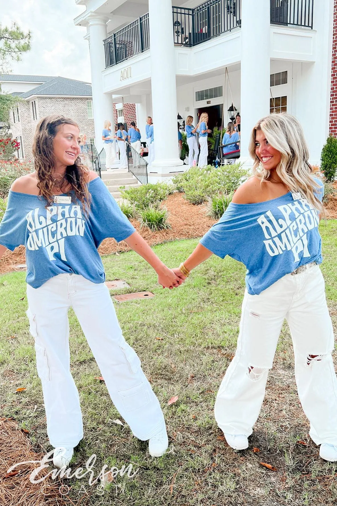 Alpha Omicron Pi Blue Slouchy Off Shoulder Tee