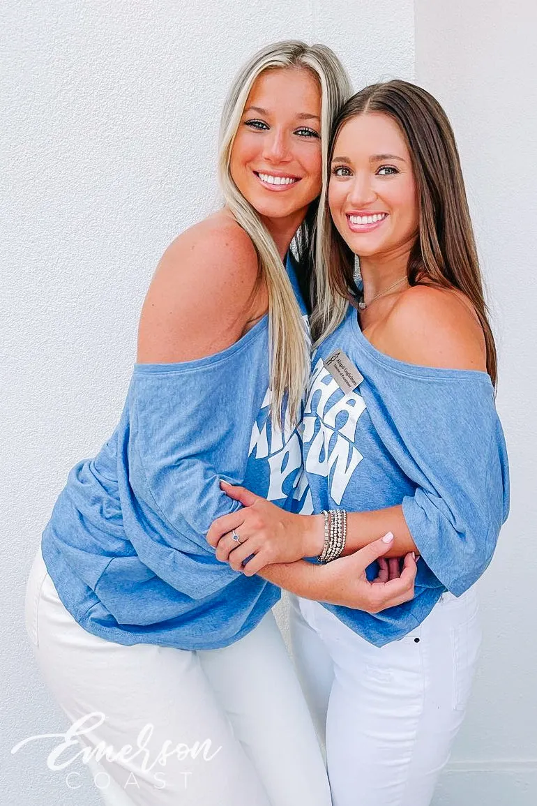Alpha Omicron Pi Blue Slouchy Off Shoulder Tee