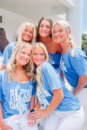 Alpha Omicron Pi Blue Slouchy Off Shoulder Tee