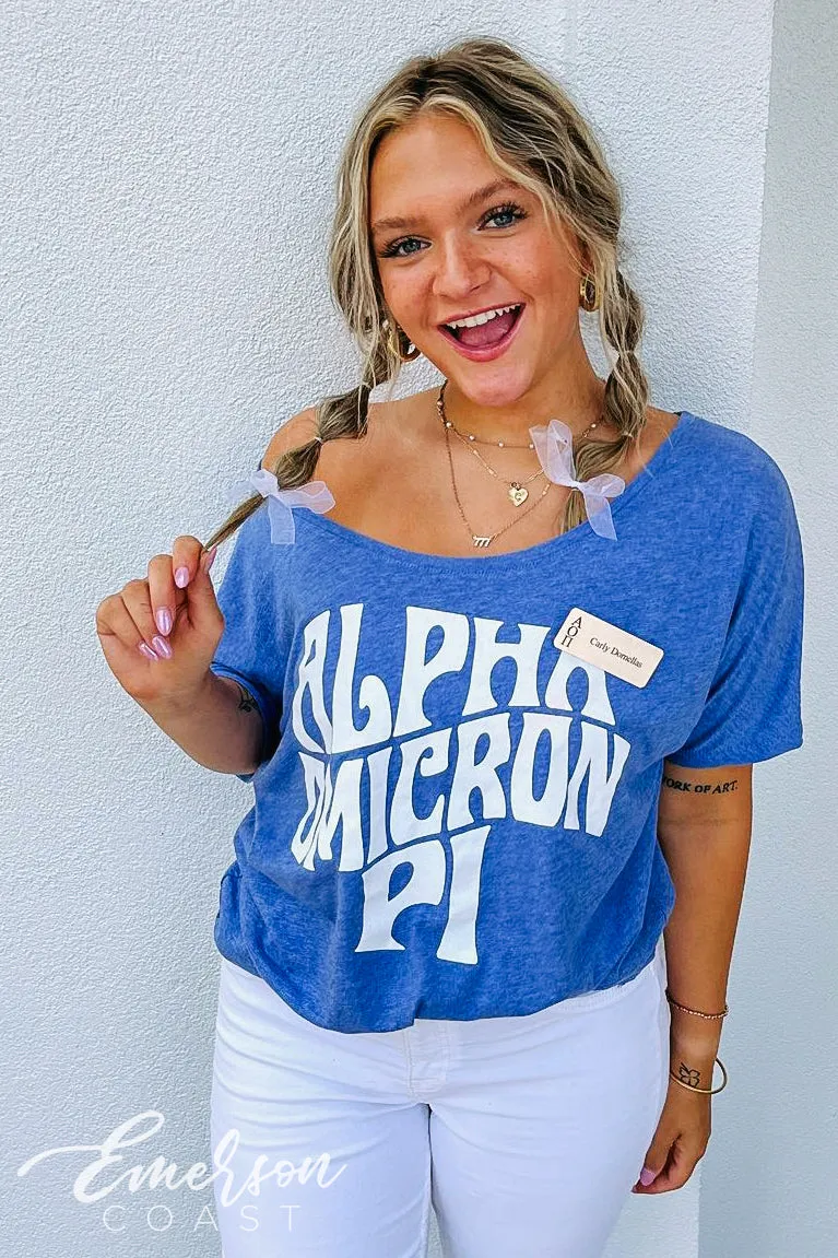Alpha Omicron Pi Blue Slouchy Off Shoulder Tee