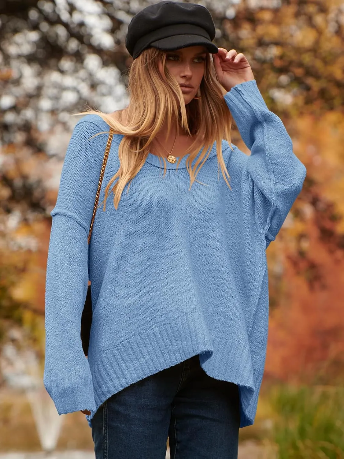 ANRABESS Women's Oversized Casual Loose Slouchy Scoop V Neck Batwing Long Sleeve Knit 2025 Fall Pullover Sweaters