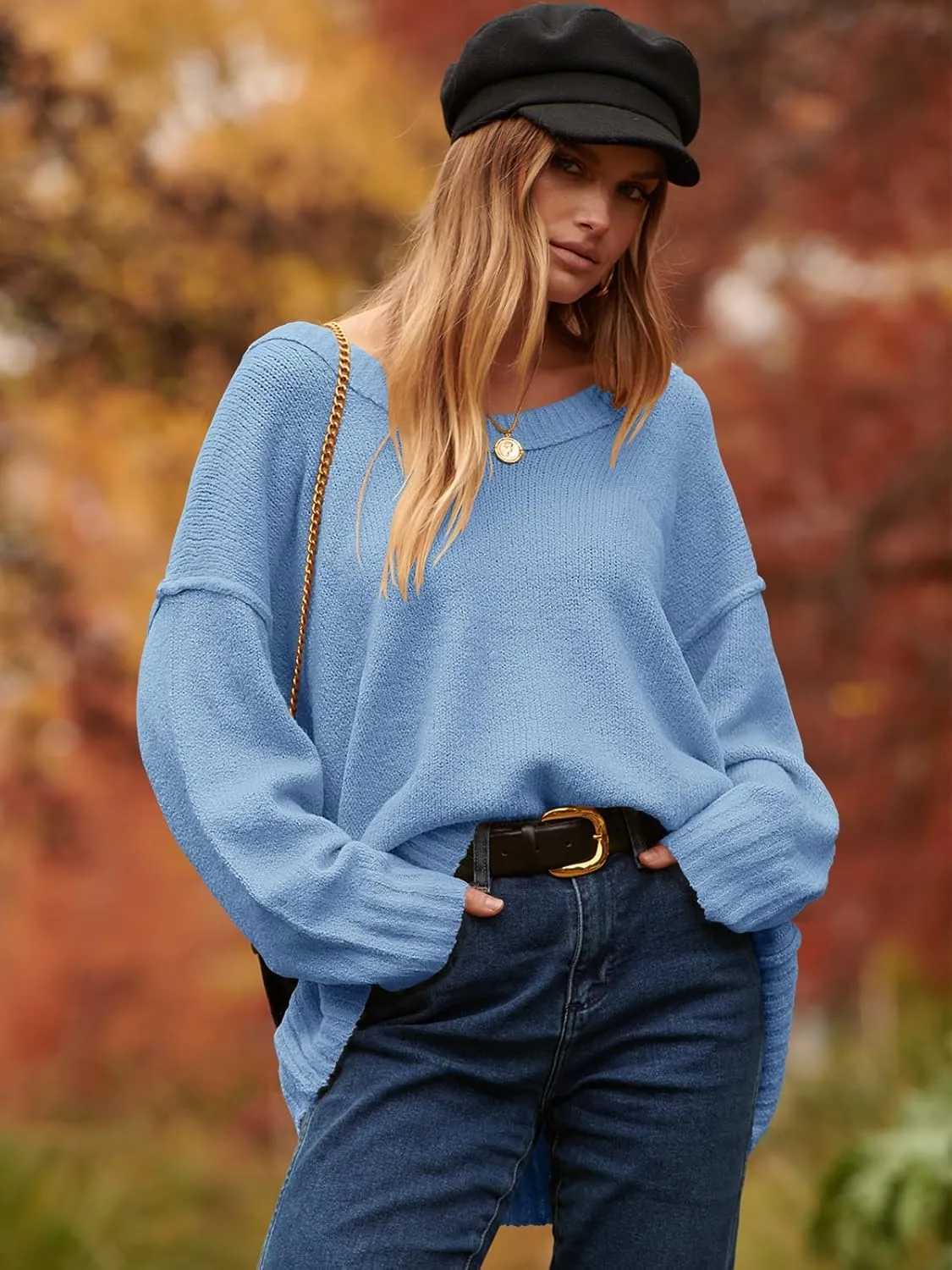 ANRABESS Women's Oversized Casual Loose Slouchy Scoop V Neck Batwing Long Sleeve Knit 2025 Fall Pullover Sweaters