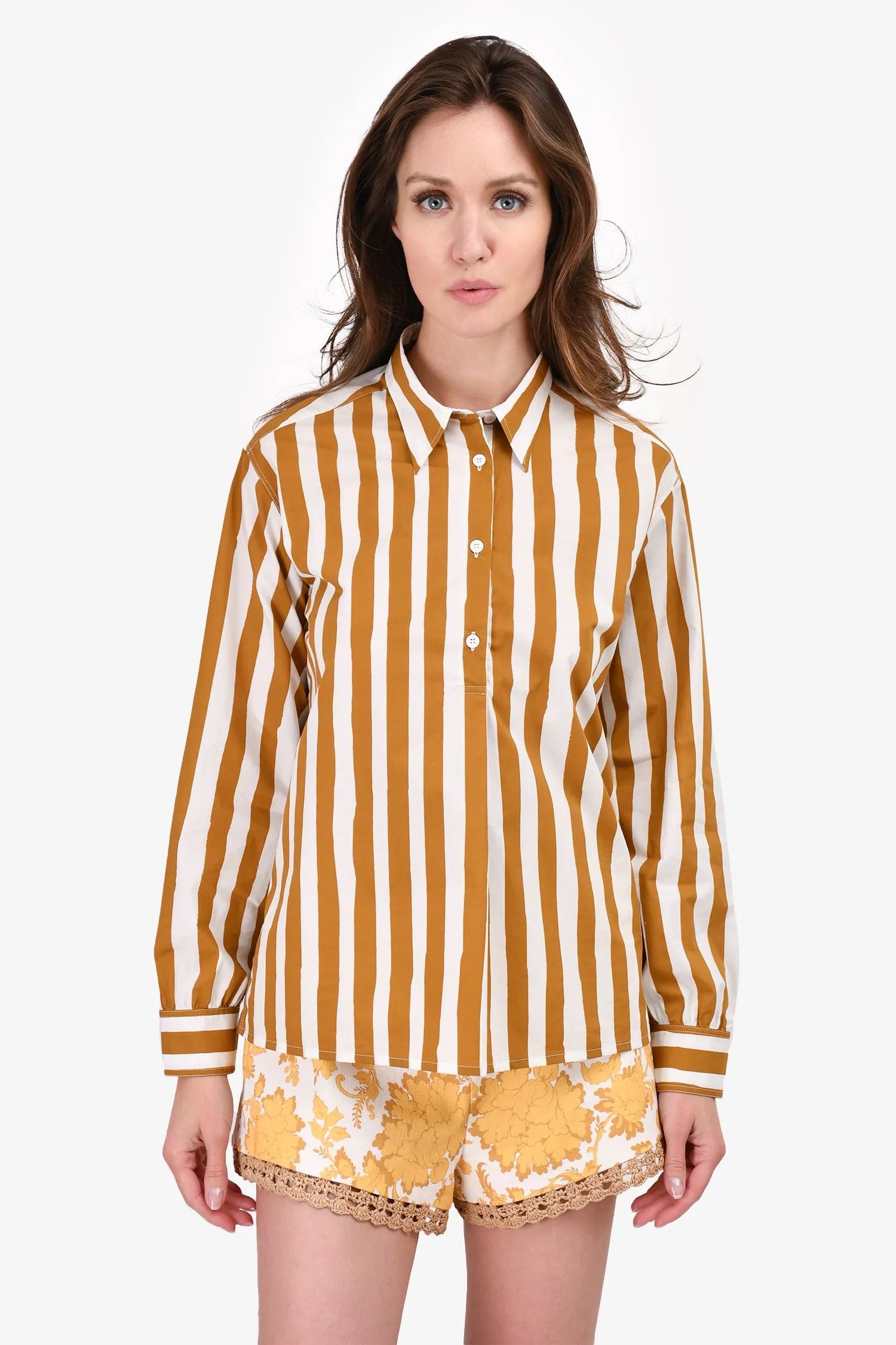 A.P.C. White/Brown Stripe Button Down Collared Shirt Size 34