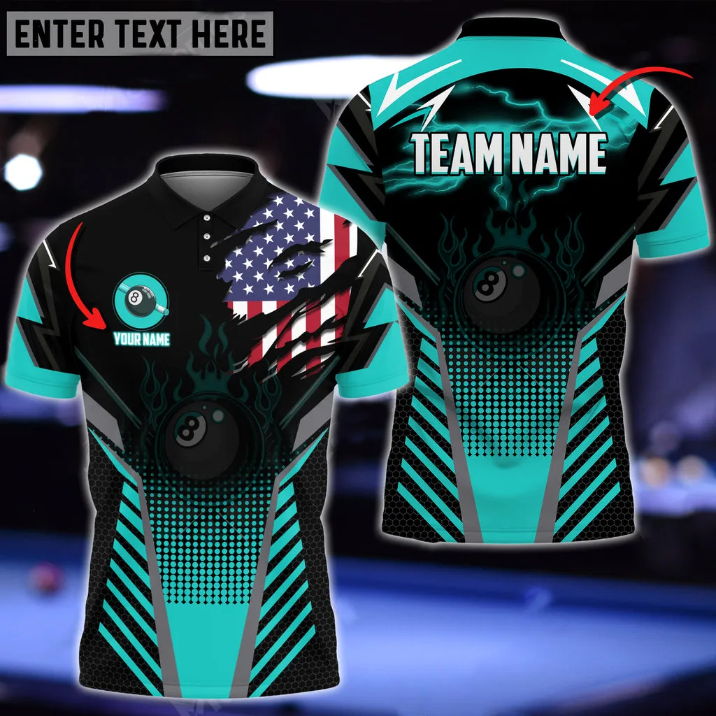 Billiards Ball 8 Black Fire American Flag Polo Shirt, Personalized Name, Team Name Multi Color 3D Shirt