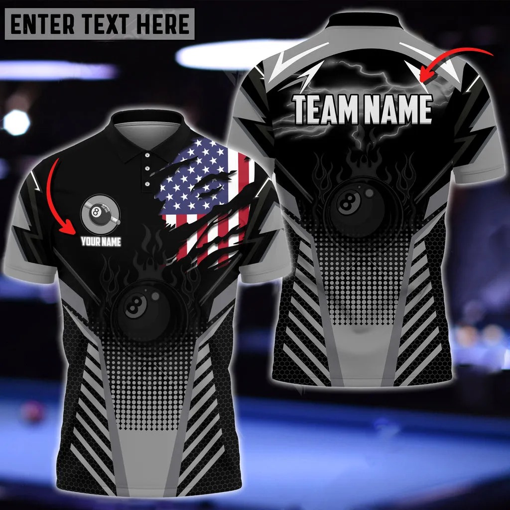 Billiards Ball 8 Black Fire American Flag Polo Shirt, Personalized Name, Team Name Multi Color 3D Shirt