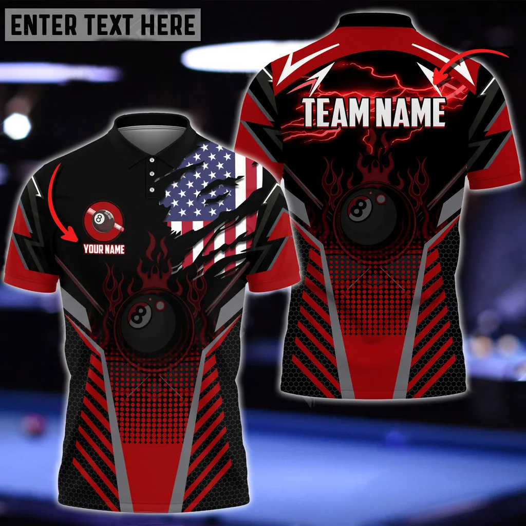 Billiards Ball 8 Black Fire American Flag Polo Shirt, Personalized Name, Team Name Multi Color 3D Shirt