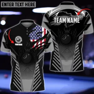 Billiards Ball 8 Black Fire American Flag Polo Shirt, Personalized Name, Team Name Multi Color 3D Shirt
