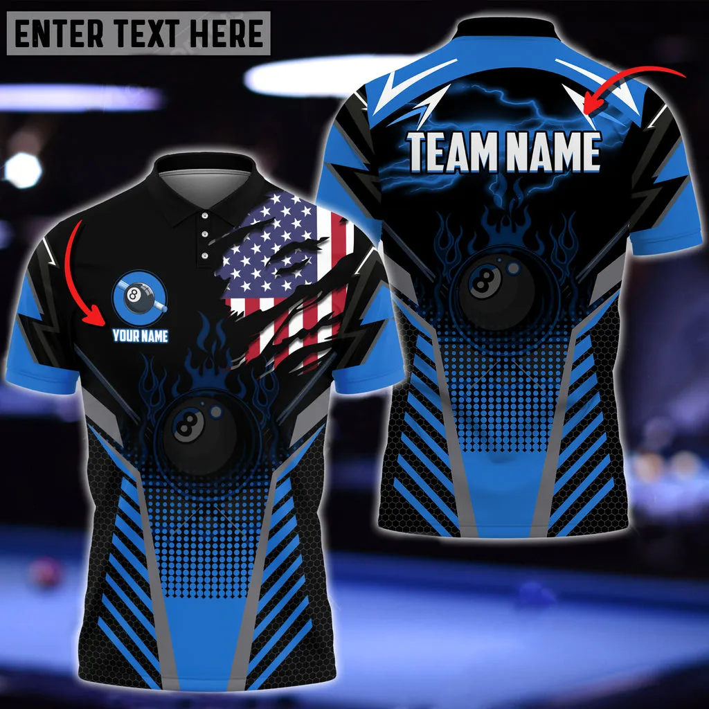 Billiards Ball 8 Black Fire American Flag Polo Shirt, Personalized Name, Team Name Multi Color 3D Shirt