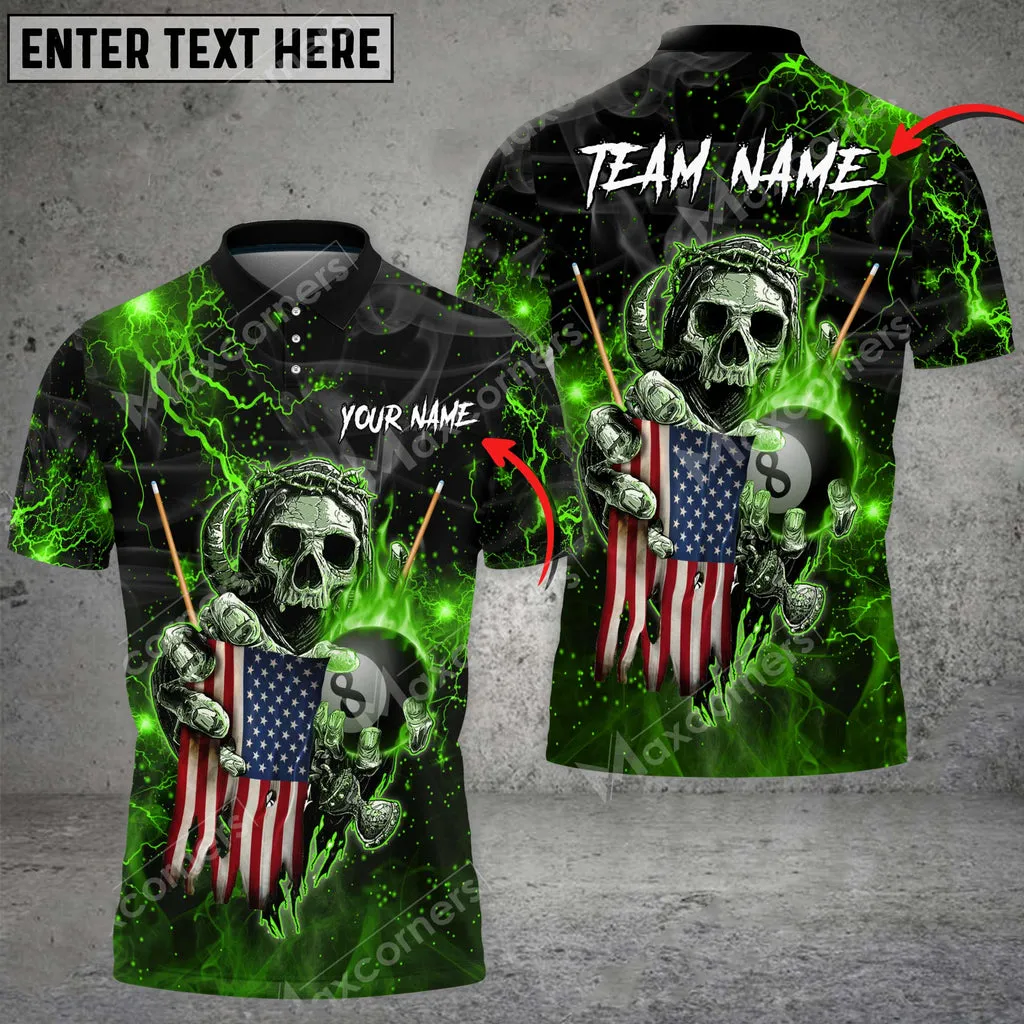 Billiards Fire Skull US Flag Personalized Name, Team Name 3D Polo Shirt, Flag Billiard Shirt
