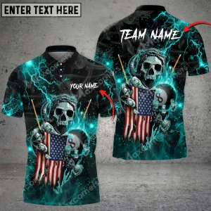 Billiards Fire Skull US Flag Personalized Name, Team Name 3D Polo Shirt, Flag Billiard Shirt