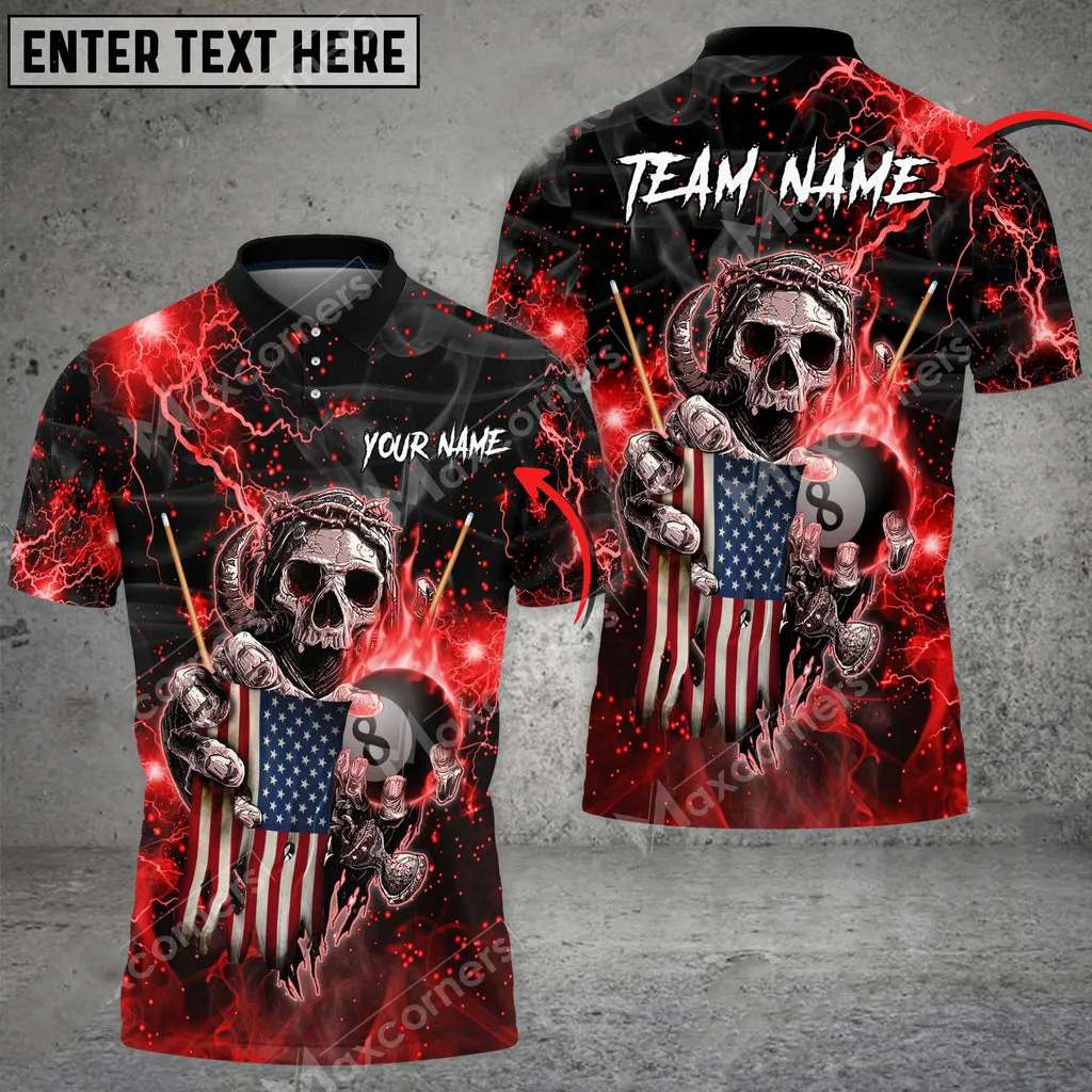 Billiards Fire Skull US Flag Personalized Name, Team Name 3D Polo Shirt, Flag Billiard Shirt