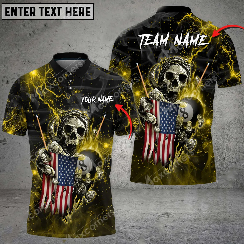 Billiards Fire Skull US Flag Personalized Name, Team Name 3D Polo Shirt, Flag Billiard Shirt