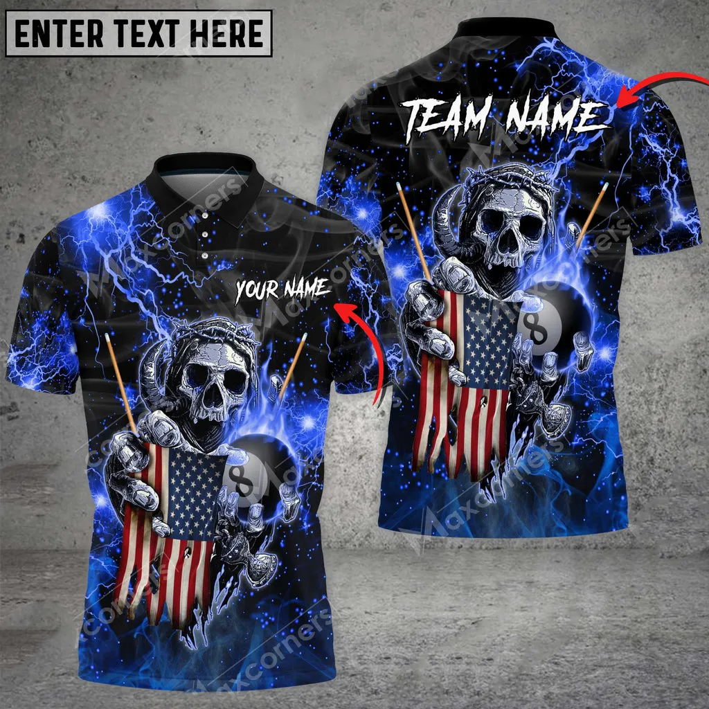 Billiards Fire Skull US Flag Personalized Name, Team Name 3D Polo Shirt, Flag Billiard Shirt