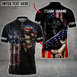 Billiards Top Secret Skull US Flag Personalized Name 3D Polo Shirt, Flag Shirt for Billiard Lovers