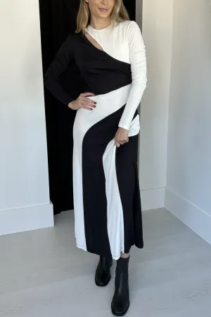 Black And White Cut-Out Long Sleeve Midi Dress
