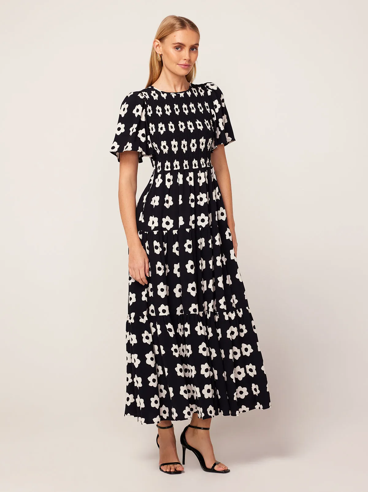 Bridget Black Tiled Floral Shirred Maxi Dress