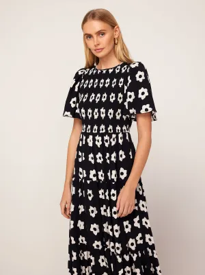 Bridget Black Tiled Floral Shirred Maxi Dress