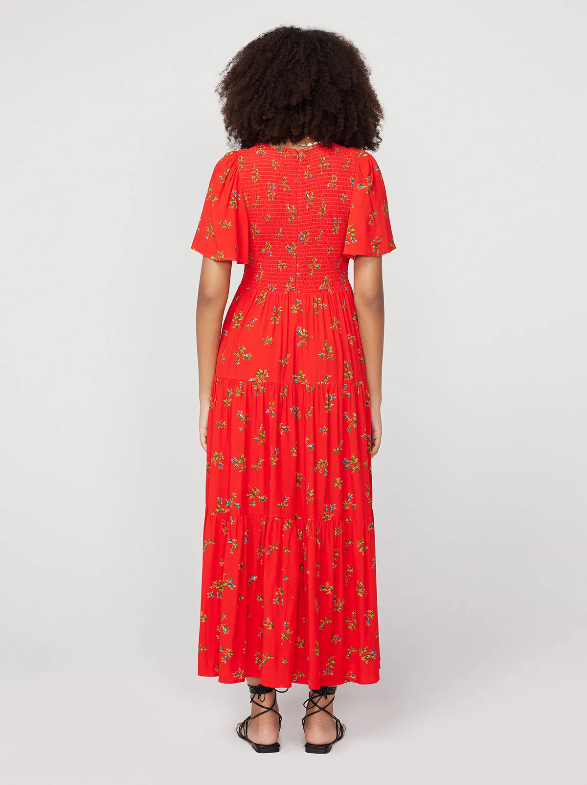 Bridget Red Rosebud Shirred Maxi Dress