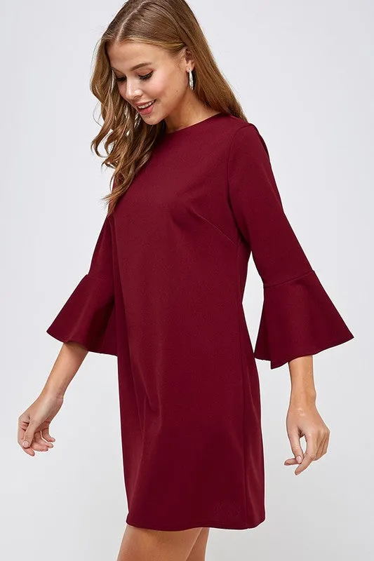 Burgundy Bell Sleeve Shift Dress in Sizes S-L