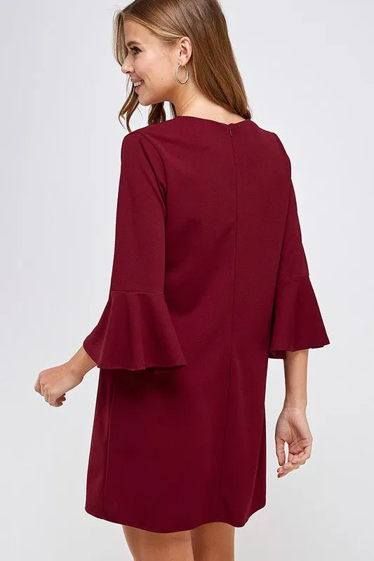 Burgundy Bell Sleeve Shift Dress in Sizes S-L