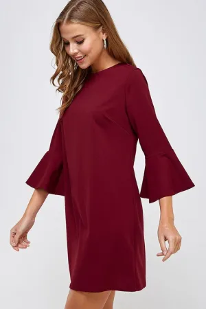 Burgundy Bell Sleeve Shift Dress in Sizes S-L