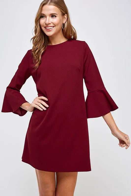 Burgundy Bell Sleeve Shift Dress in Sizes S-L