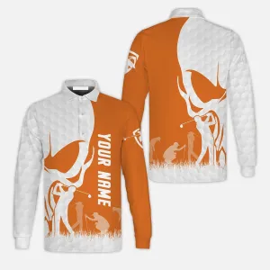 Custom Name Skull White Golf Ball, Orange Apparel Long Sleeve Shirt - Personalized Gift For Golf Lover