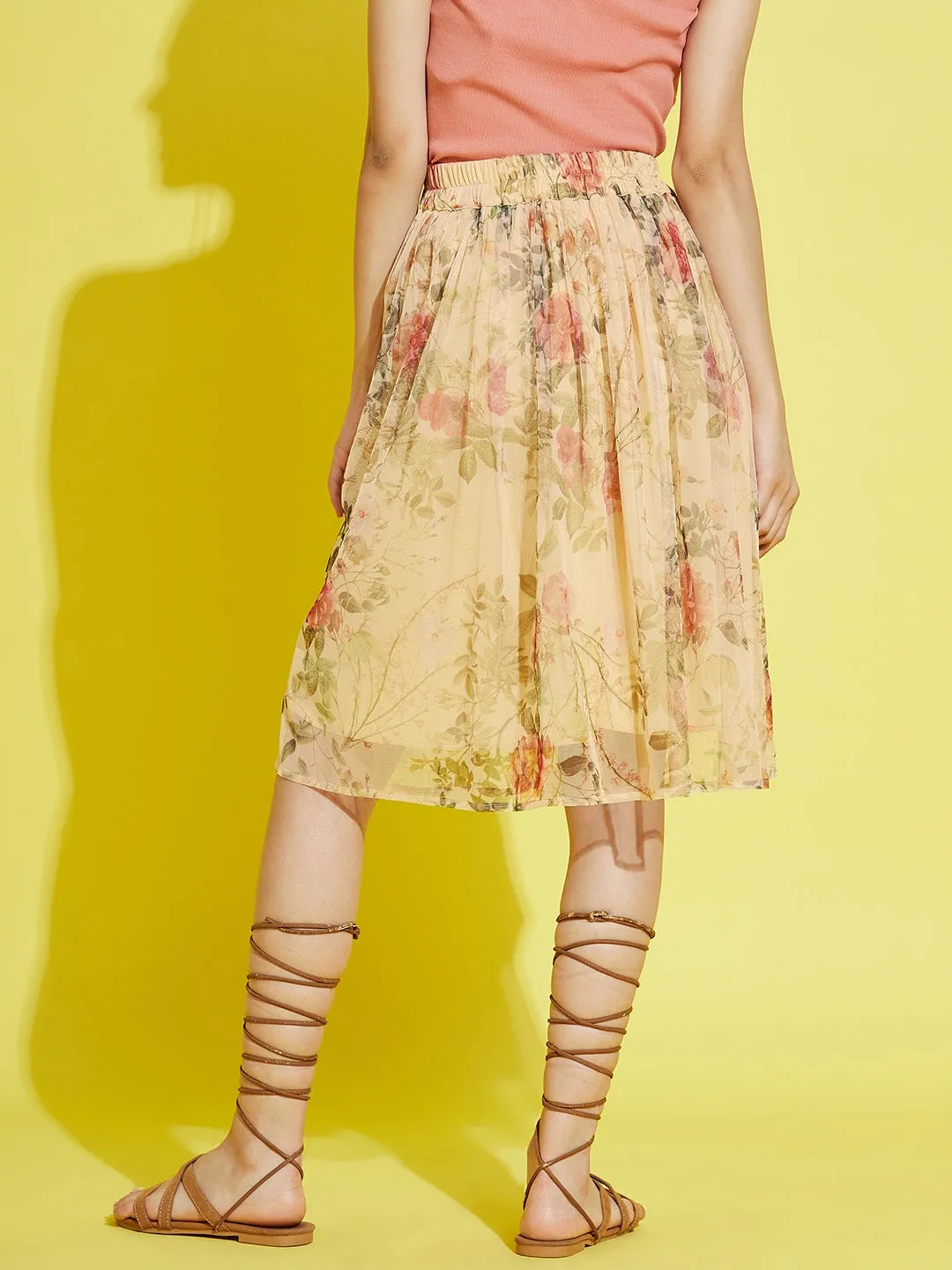 Girls Yellow Floral Tulle Gathered Skirt