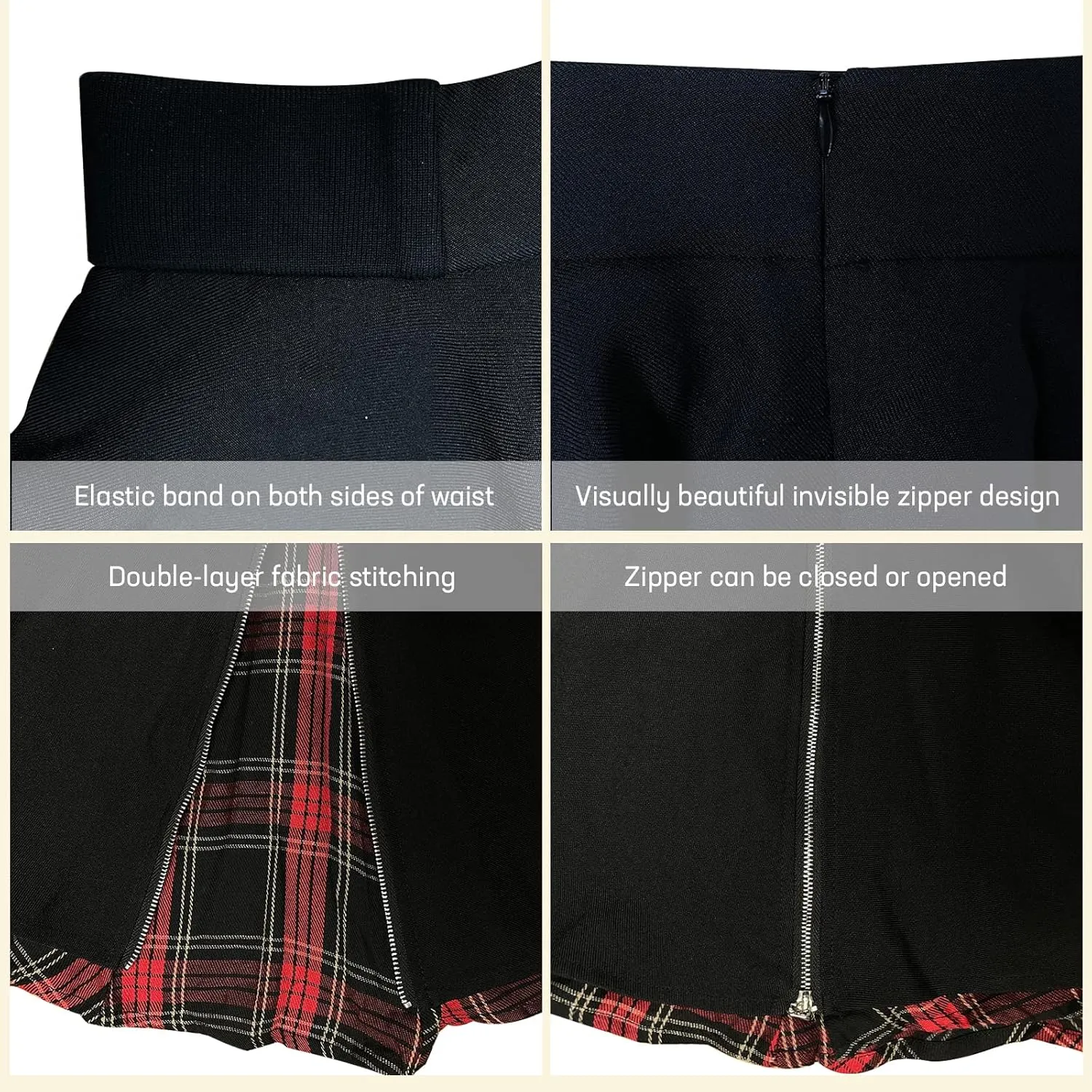 Gothic Skirts Cute High Elastic Waisted Plaid Kilts for Women Trendy Hem Flared Knee Length Mini Skater Skirt