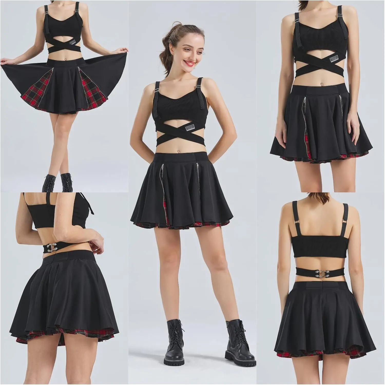 Gothic Skirts Cute High Elastic Waisted Plaid Kilts for Women Trendy Hem Flared Knee Length Mini Skater Skirt