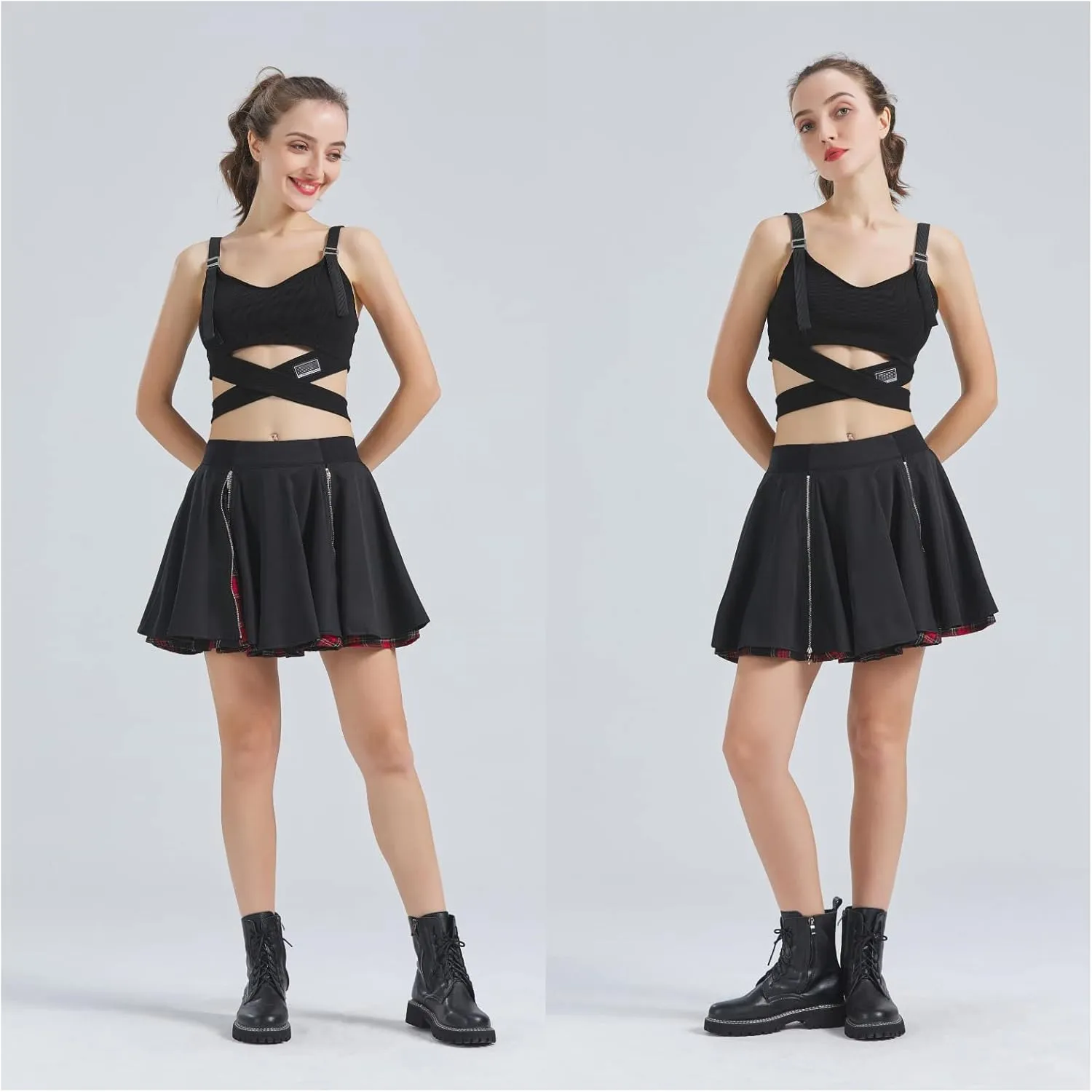 Gothic Skirts Cute High Elastic Waisted Plaid Kilts for Women Trendy Hem Flared Knee Length Mini Skater Skirt