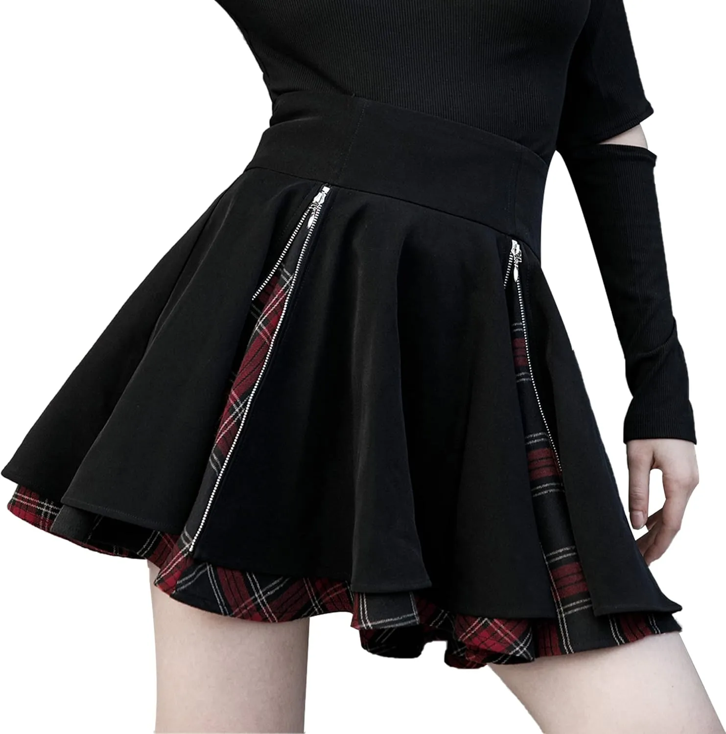Gothic Skirts Cute High Elastic Waisted Plaid Kilts for Women Trendy Hem Flared Knee Length Mini Skater Skirt