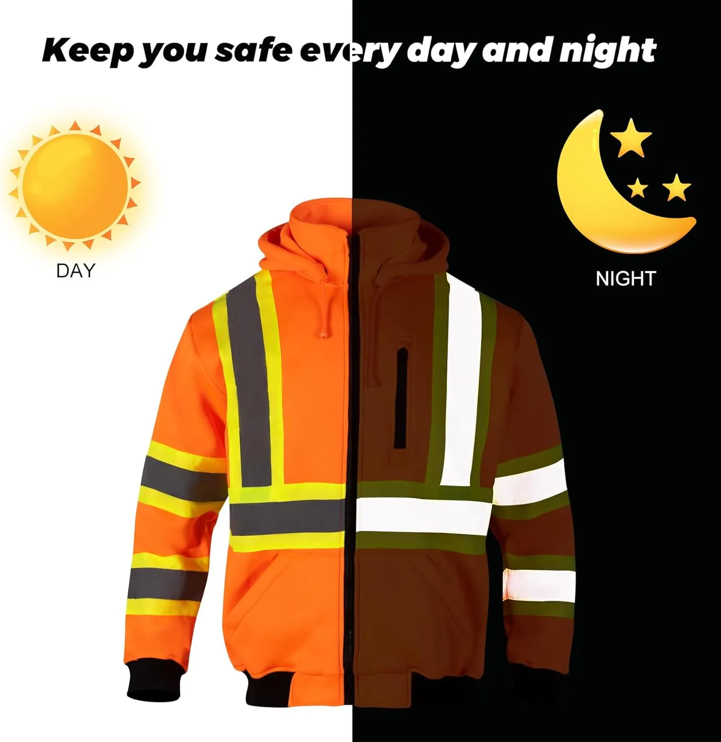 High Visibility Safety Fleece Hoodie for Men ANSI Class 3 Reflective Sweatshirt Construction Jacket