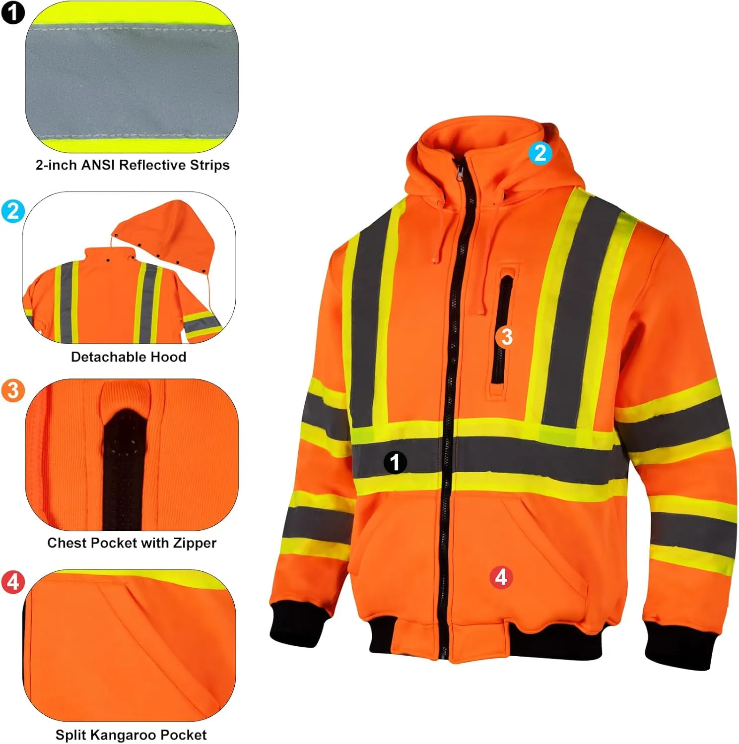 High Visibility Safety Fleece Hoodie for Men ANSI Class 3 Reflective Sweatshirt Construction Jacket