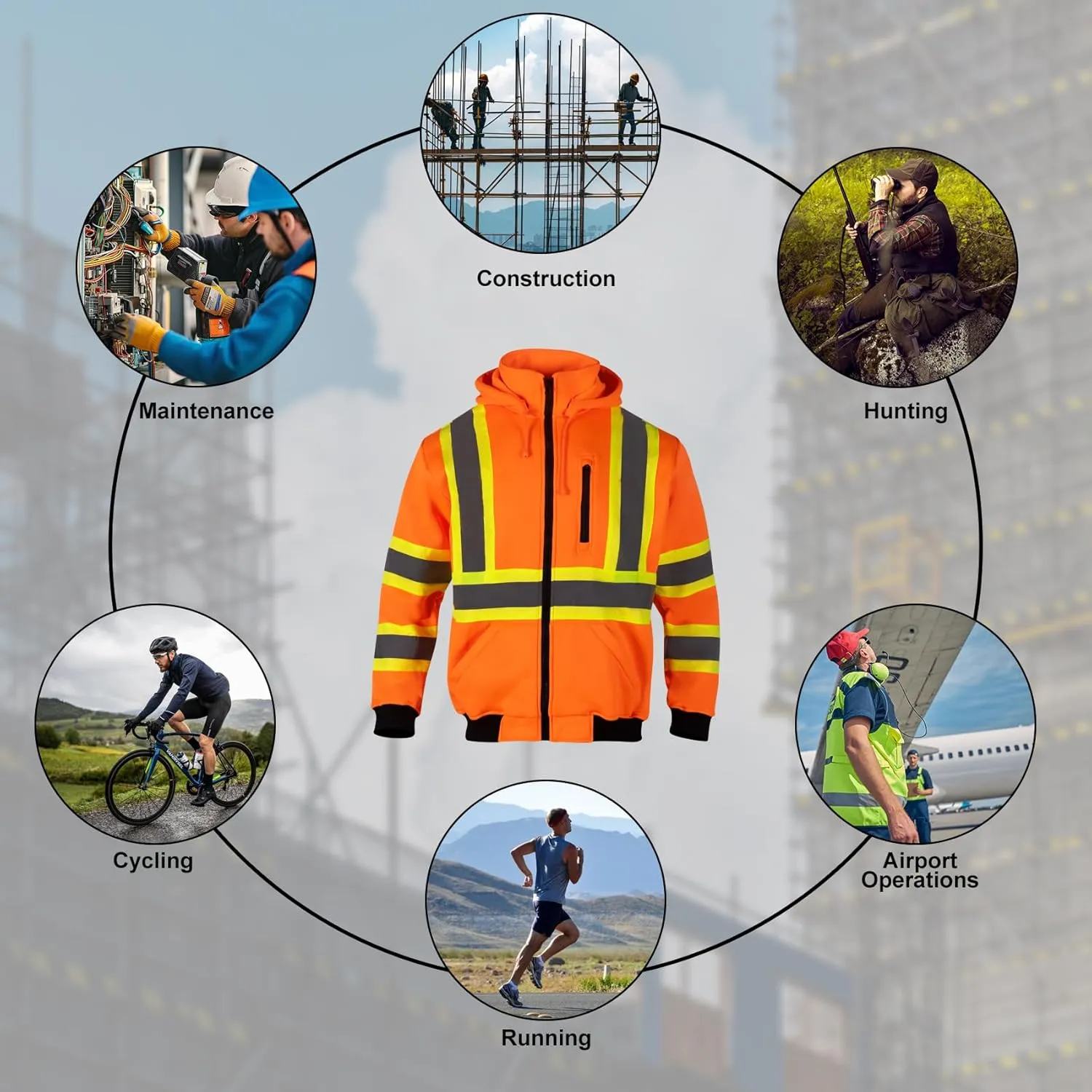High Visibility Safety Fleece Hoodie for Men ANSI Class 3 Reflective Sweatshirt Construction Jacket
