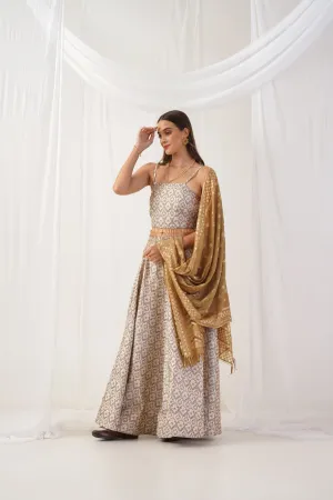 Ivory Jacquard Beads & Stones Ready To Wear Lehenga & Blouse With Dupatta