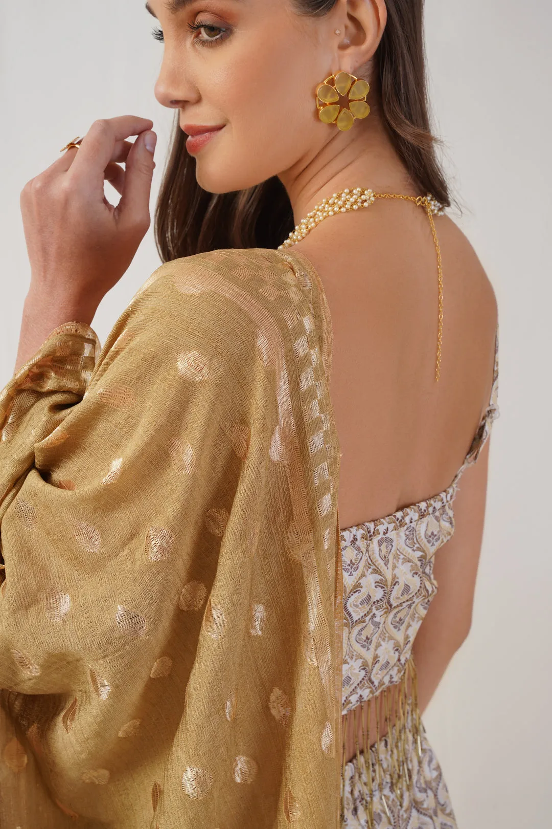 Ivory Jacquard Beads & Stones Ready To Wear Lehenga & Blouse With Dupatta