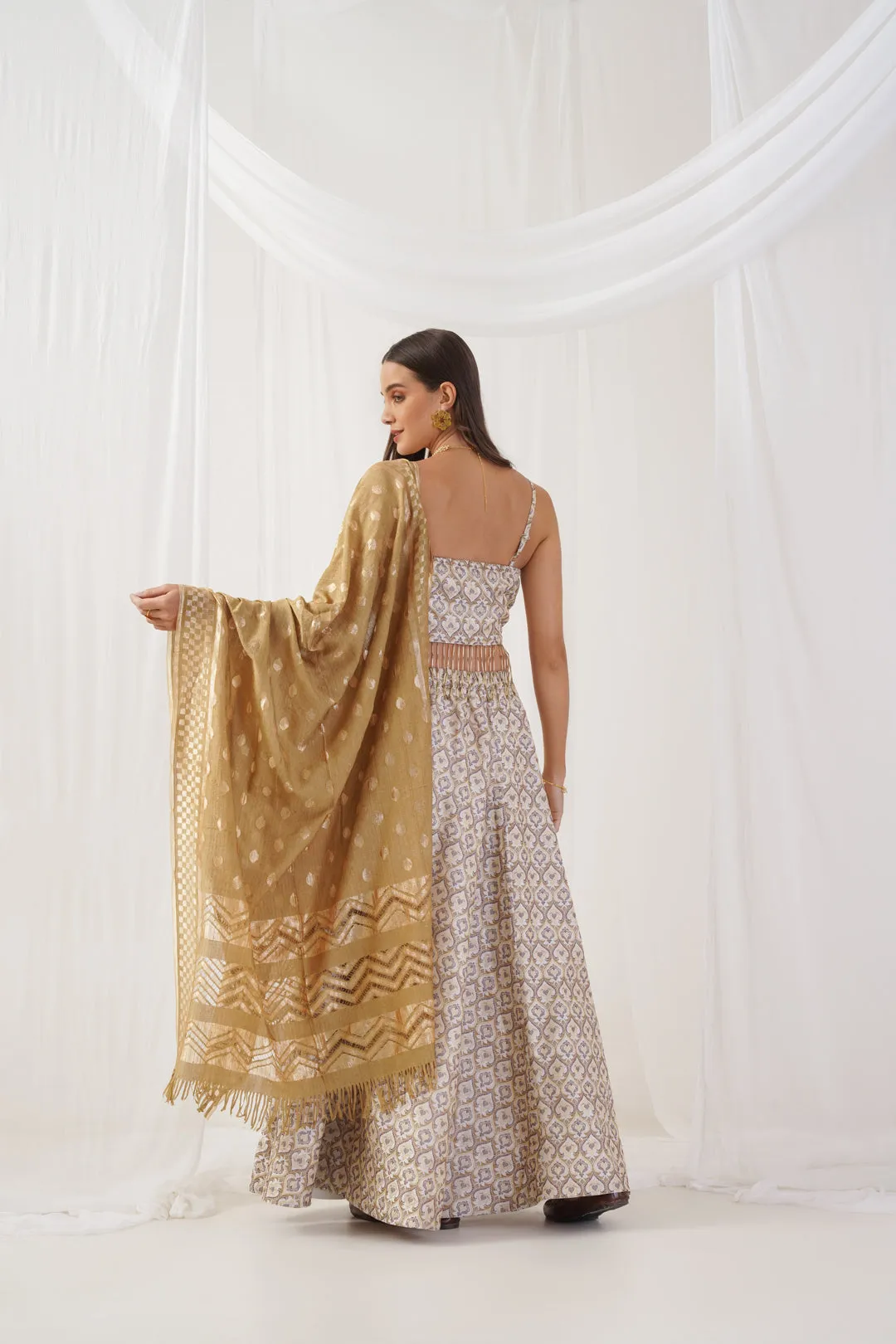Ivory Jacquard Beads & Stones Ready To Wear Lehenga & Blouse With Dupatta