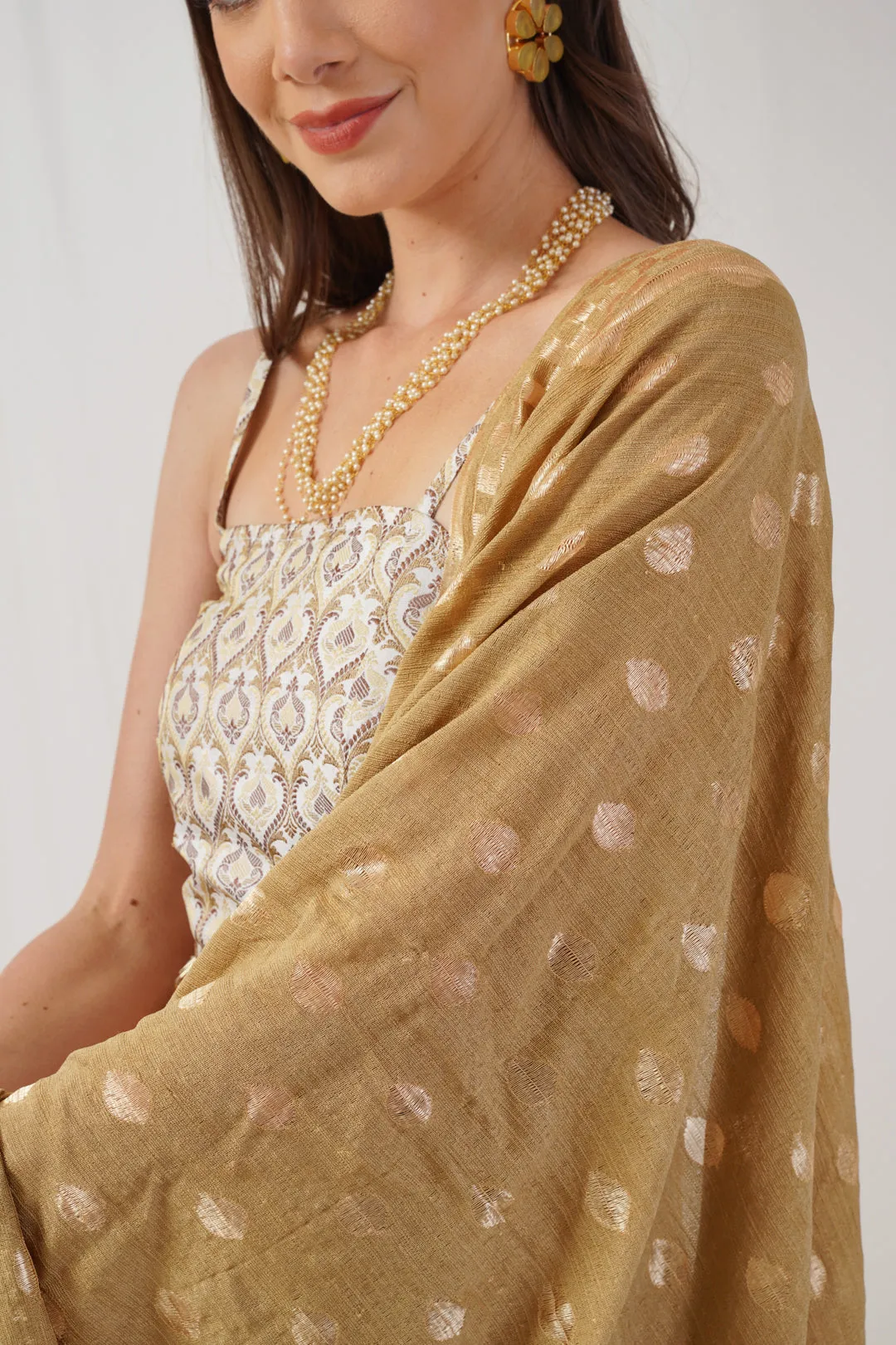 Ivory Jacquard Beads & Stones Ready To Wear Lehenga & Blouse With Dupatta