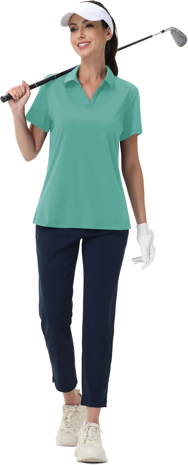MAGCOMSEN Women's Golf Shirts Short Sleeve Polo Collared Tennis Shirt V Neck Quick Dry Sun Protection UPF 50 