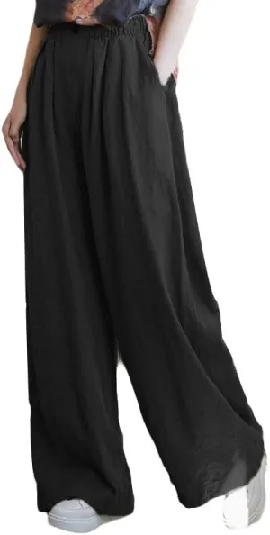 Minibee Women's Cotton Linen Palazzo Pants Wide Leg Casual Baggy Loose Lounge Trousers with Pockets