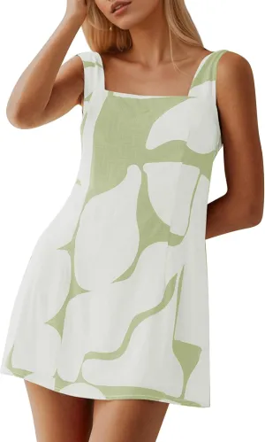 MISSACTIVER Women Sleeveless Mini Dress Print Backless Square Neck Tank Dress Boho Vacation Sundress Shift Dresses