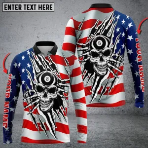 Personalized Name 8 Ball Skull Billiard American Flag Long Sleeve Polo 3D Shirt, Skull Billiard Shirt, Flag Shirt