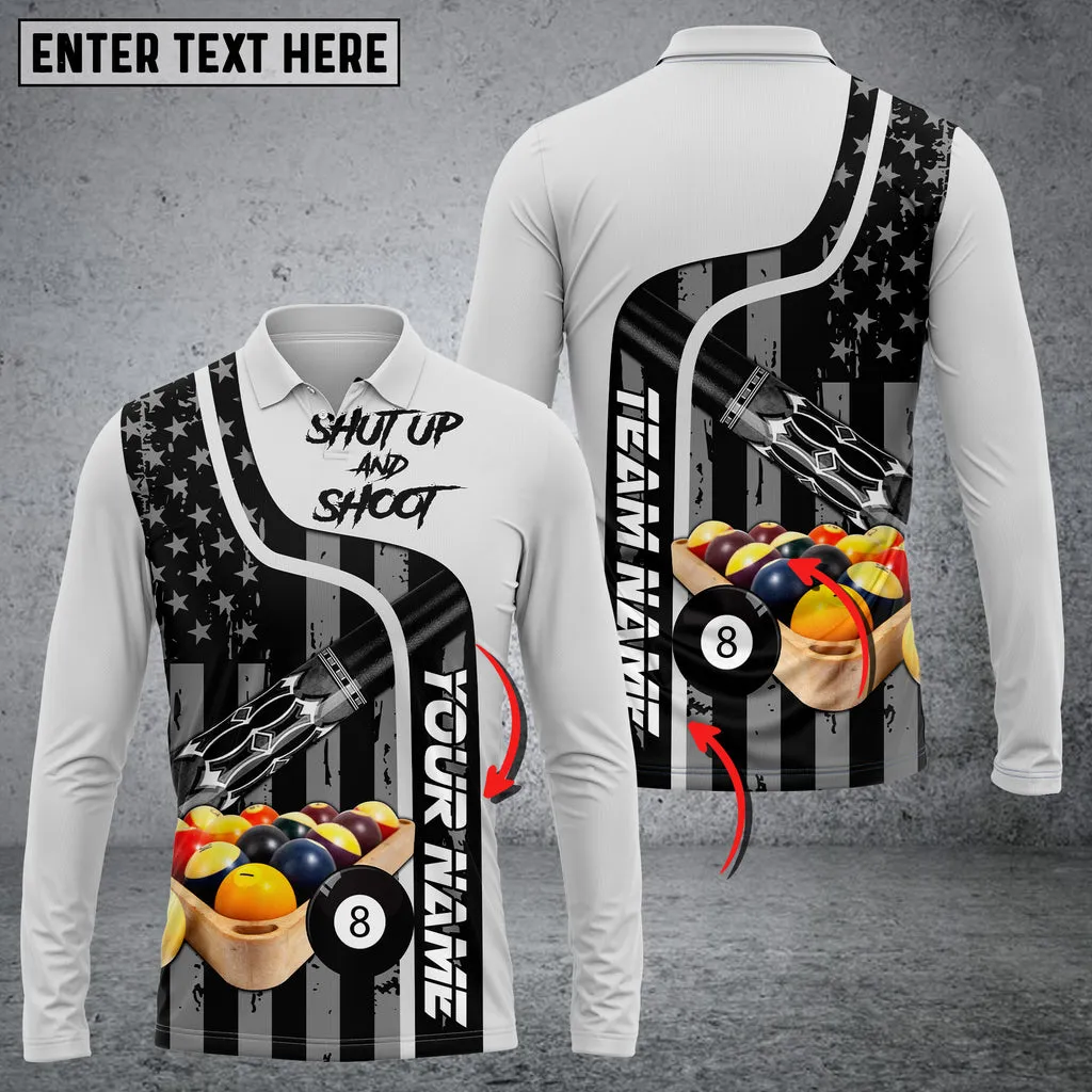 Personalized Name and Team Name Billiards Master Long Sleeve Polo, Shut up and Shoot Billiard Polo Shirt