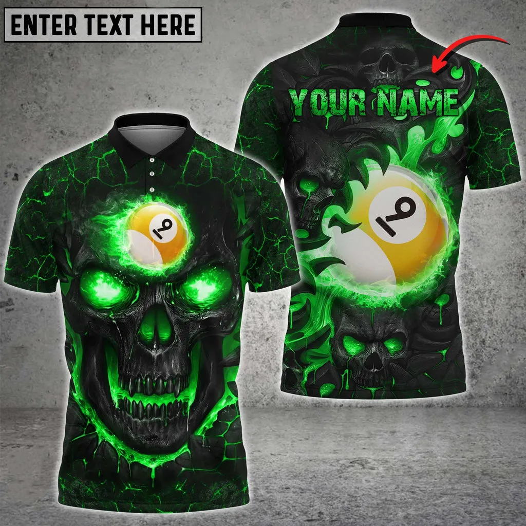 Personalized Name Team Billiards Ball 9 Skull Fire Polo Shirt, Billiard Skull Lover