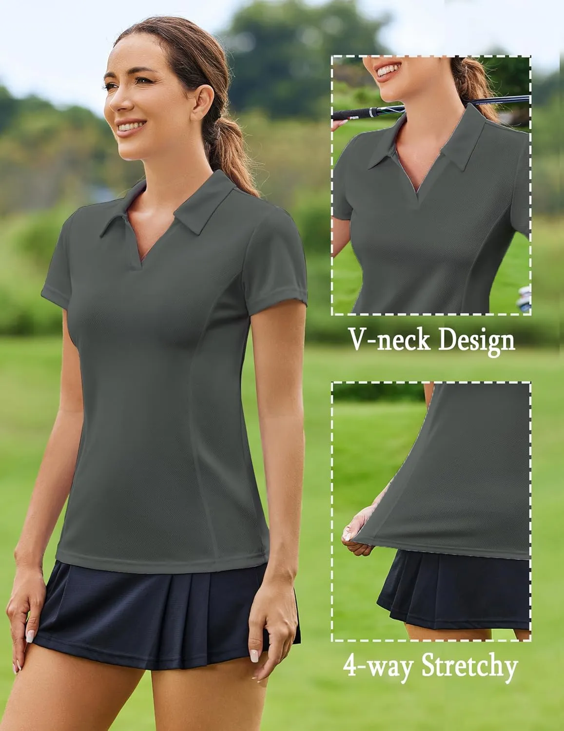 PINSPARK Womens Golf Shirt Short Sleeve Polo Shirts Quick Dry Tennis Tops V-Neck with Collar Pickleball Shirts Golf Outfits