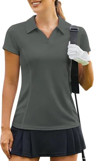PINSPARK Womens Golf Shirt Short Sleeve Polo Shirts Quick Dry Tennis Tops V-Neck with Collar Pickleball Shirts Golf Outfits